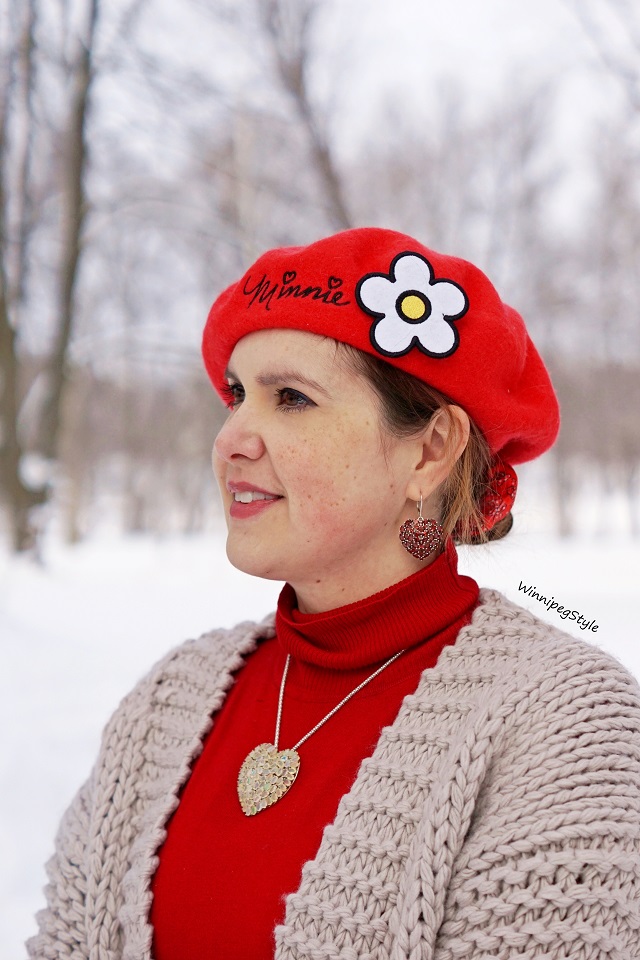Winnipeg Style, Disney Minnie red beret, Himalayan Gems opal heart pendant, garnet heart earrings, Canadian fashion blog